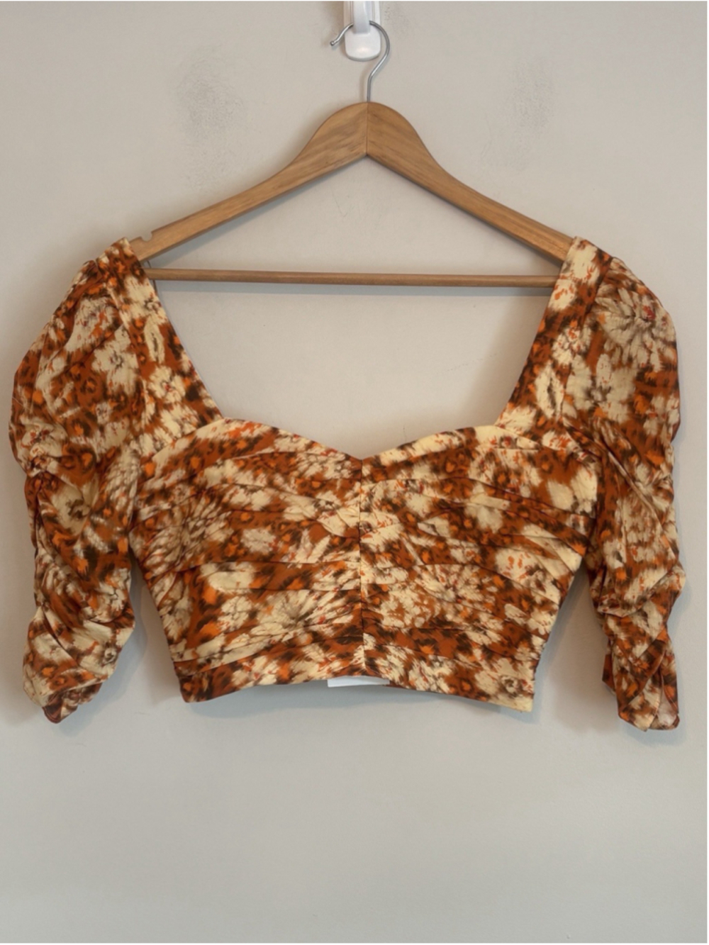 NWT Zara Printed Drape Crop Top Square Neck Orange Floral Sz Large Feminine